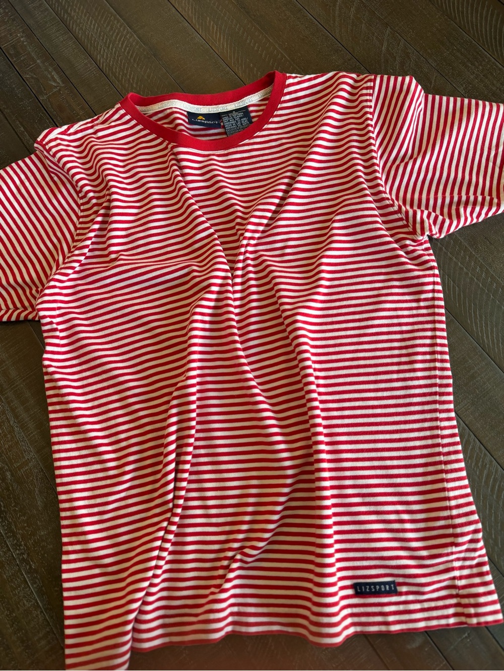 Vintage Lizsport Red & White Striped Cotton T-Shirt Size Small
